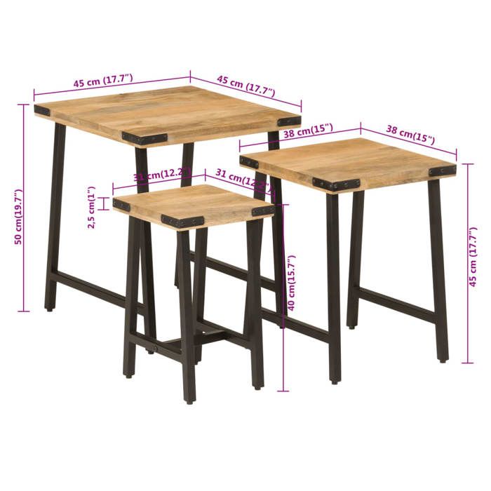 VidaXL Tables Basses Gigognes 3 pcs, Tables d'Appoint Empilables, Tables de Chevet, Bout de Canapé Salon, Bois Massif de 372735
