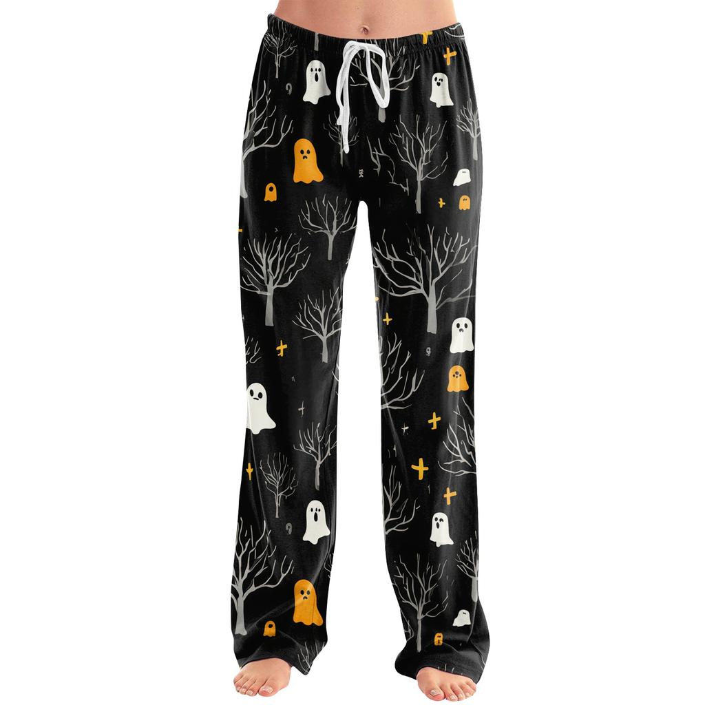 Damen Loungehose mit Kordelzug und Halloween-Print, lässig, volle Länge, entspannte Passform, Schlafanzughose für den Alltag