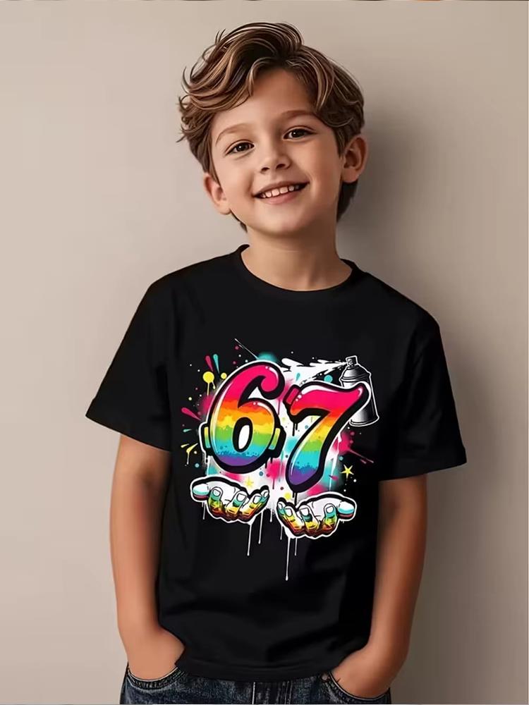Kids Number 67 Graphic TShirt Soft Cotton Crew Neck Cool Fire Ice Cyberpunk Style for Boys Girlstk0065