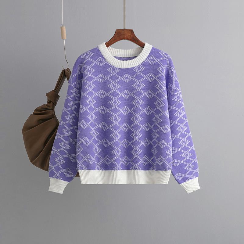 Suéter feminino de manga comprida jacquard para outono e inverno, gola redonda solta e versátil
