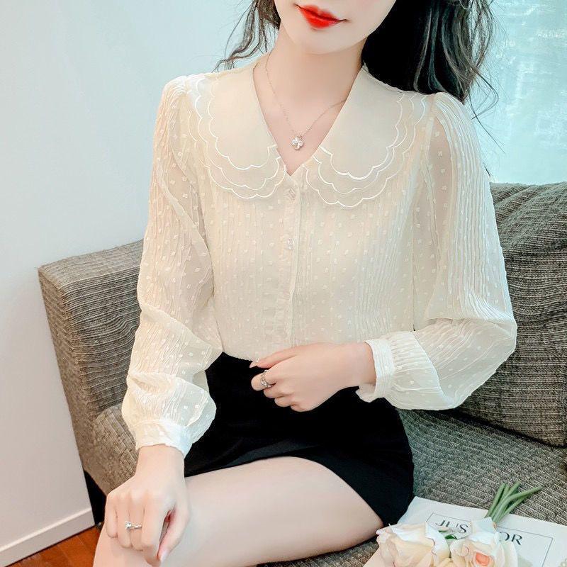 2024 Spring Women's Chiffon Blouse with Peter Pan Collar, Slimming Long Sleeve Top