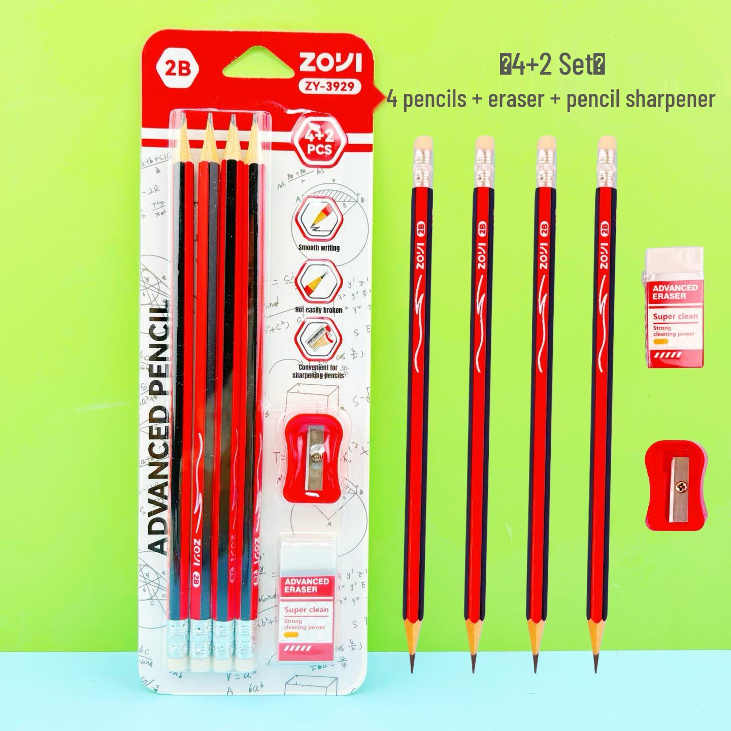 Triangular Colored Barrel 2B Pencil Set for Students & Children, English Edition Pencil Set 4+2