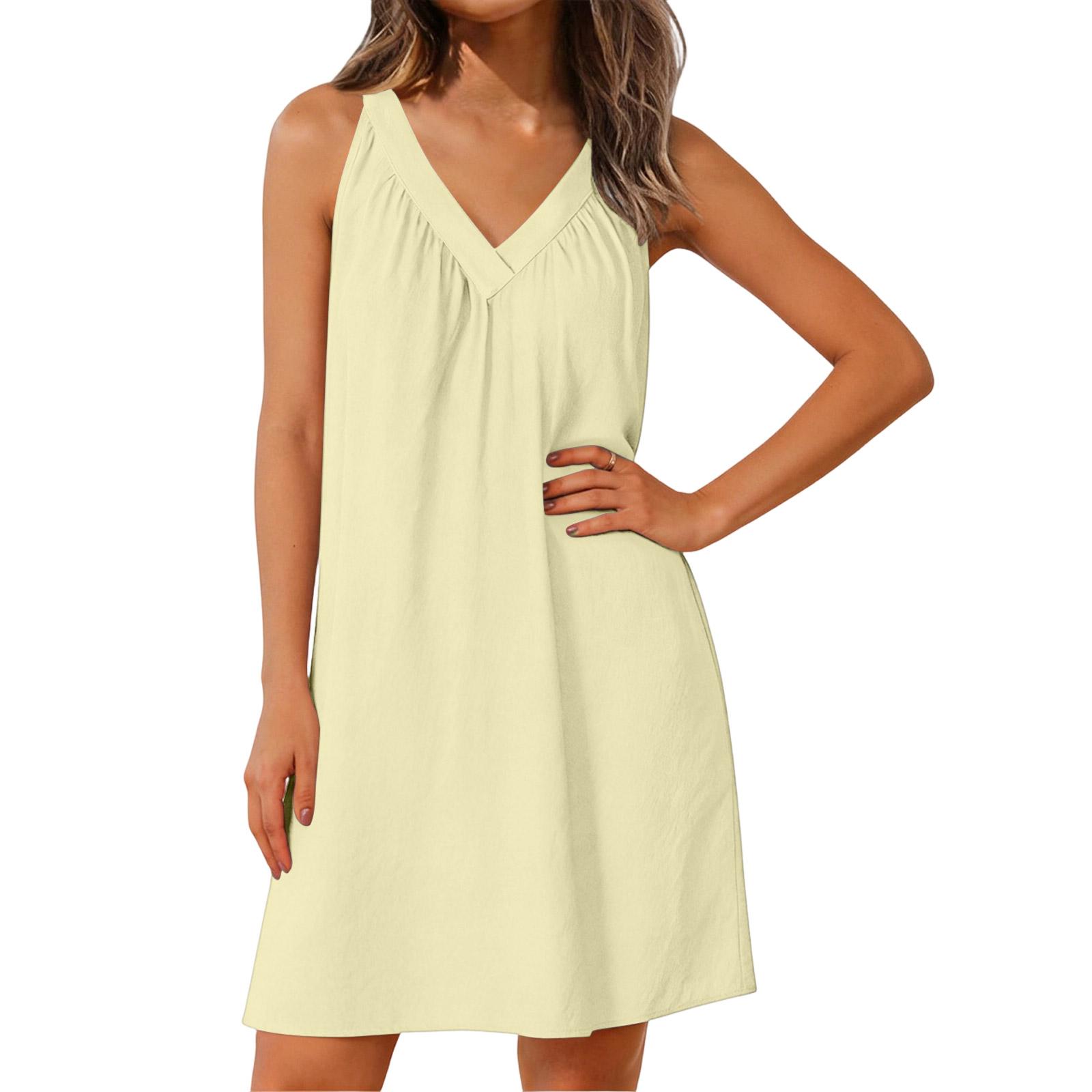 

Women s Casual Fashion Loose Sexy Sleeveless V-neck Pleated Dress XL жовтий