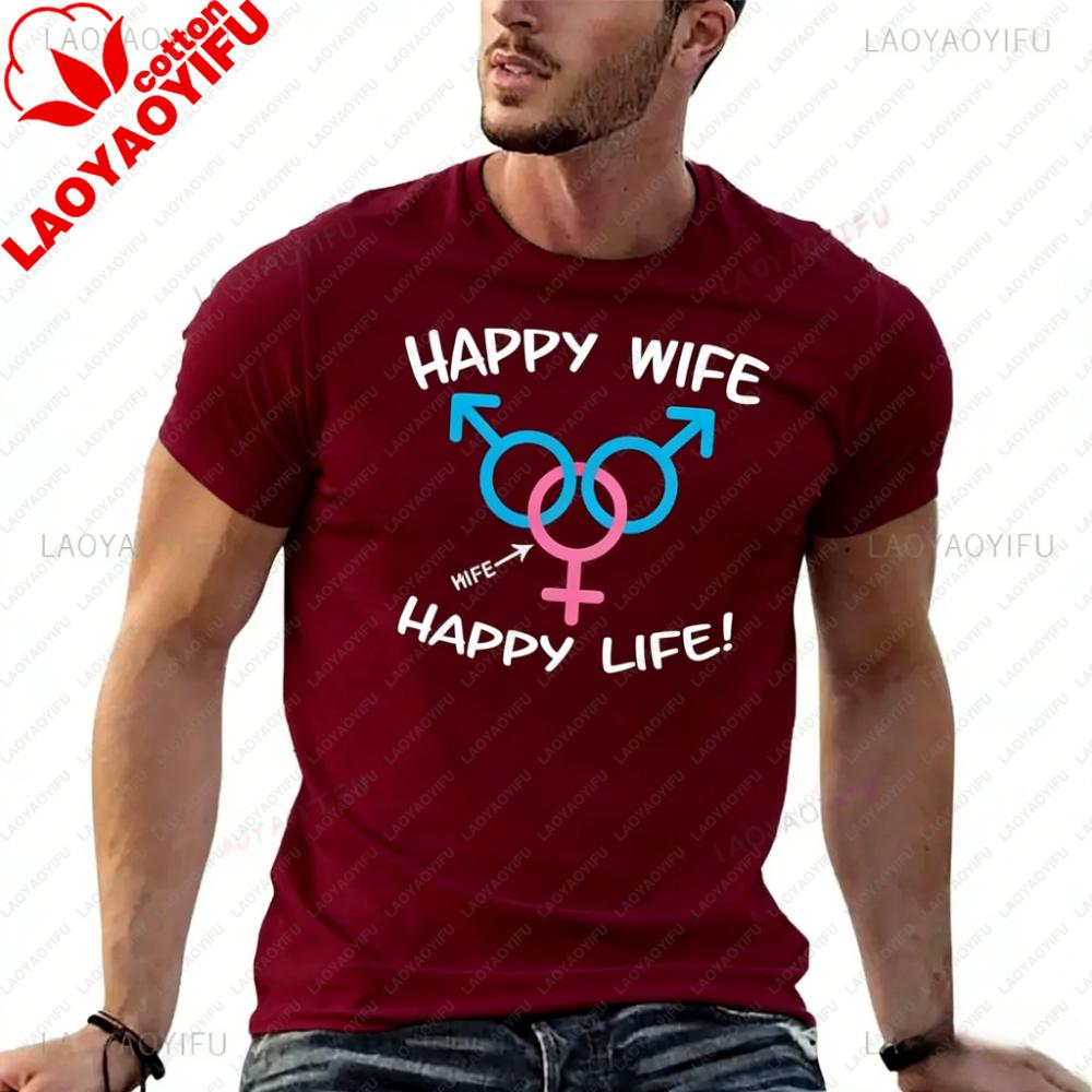 Funny Happy Wife Happy Life Swinger MFM Threesome Swinger Lifestyle Design Printed T-shirt Tees SweatunisexCotton Clothing