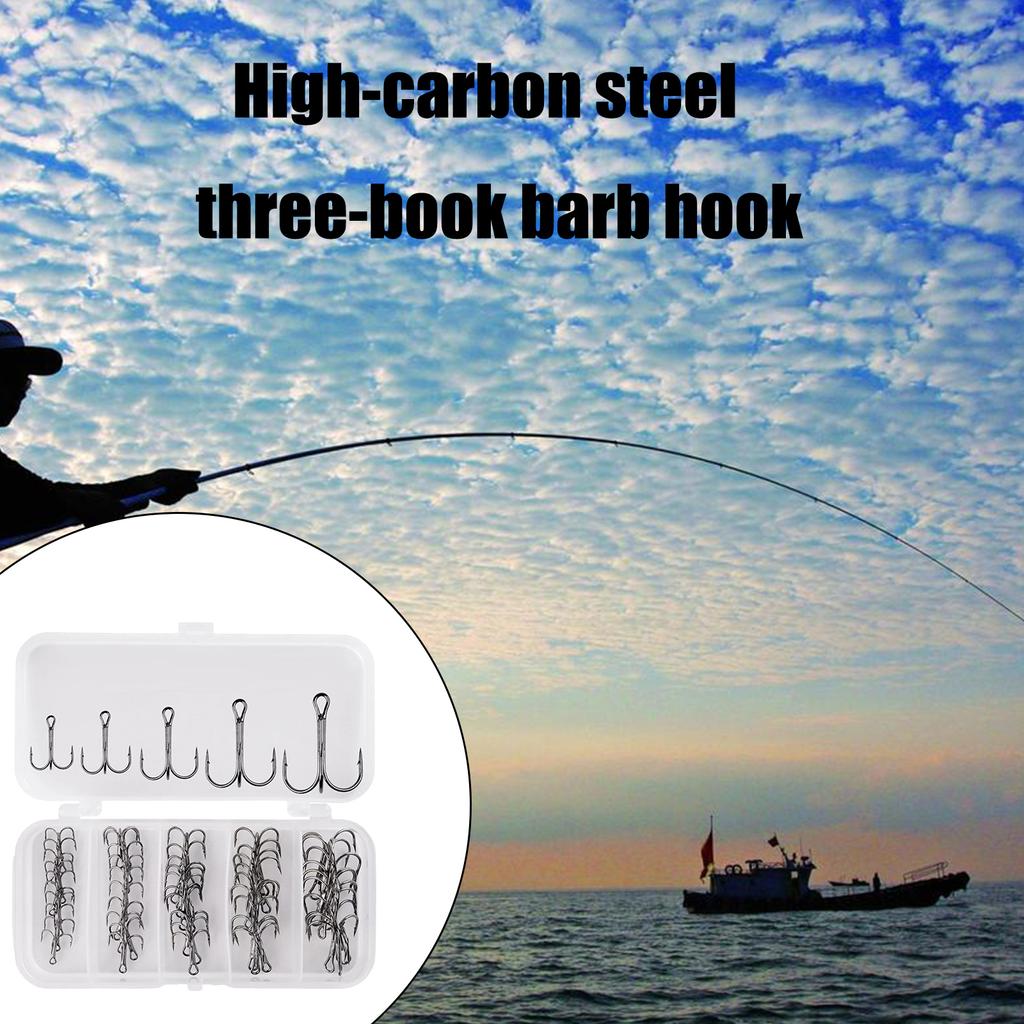 50Pcs Round Bend Treble Hook Set High Carbon Steel Fishing Hook High Carbon Steel Heavy Duty Fishing Tackle Set with Box