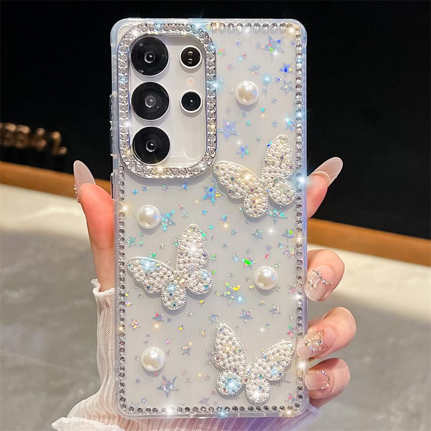 Pearl Butterfly Samsung A17 Mobile Phone Case Diamond Edge A26 Suitable for A35 Star Glitter A07 Three Dimensional A55 Women