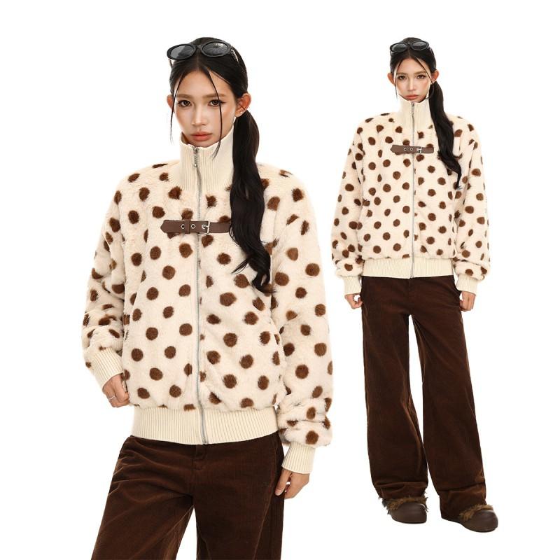Womens Loose Fit Winter Cotton Coat Fleece Lined Polka Dot Stand Collar Casual Retro Style