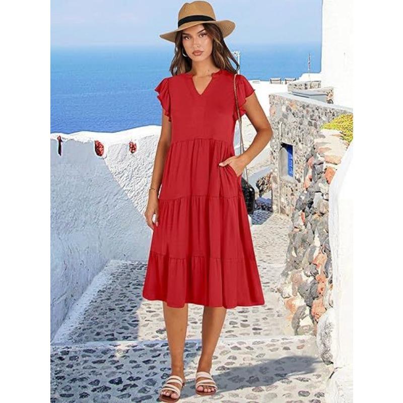 V-neck Fashion Elegant Summer Lotus Leaf Sleeve Dress Large Swing Pocket Party Dress Solid Color Casual Sweet Mid Length Splicing Dresses