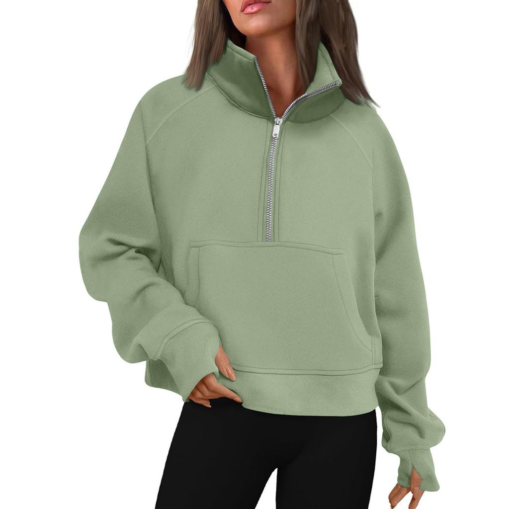 Women's Stand Collar Plus Fleece Color Hoodie Long Sleeve Pocket Loose Half Zip Pullover Hoodie Top