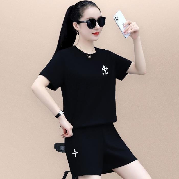 Casual Sportswear Short-sleeved Shorts Suit Summer Women's High-waisted, Stylish, Age-reducing, Slimming, Loose Solid Color Two-piece Set