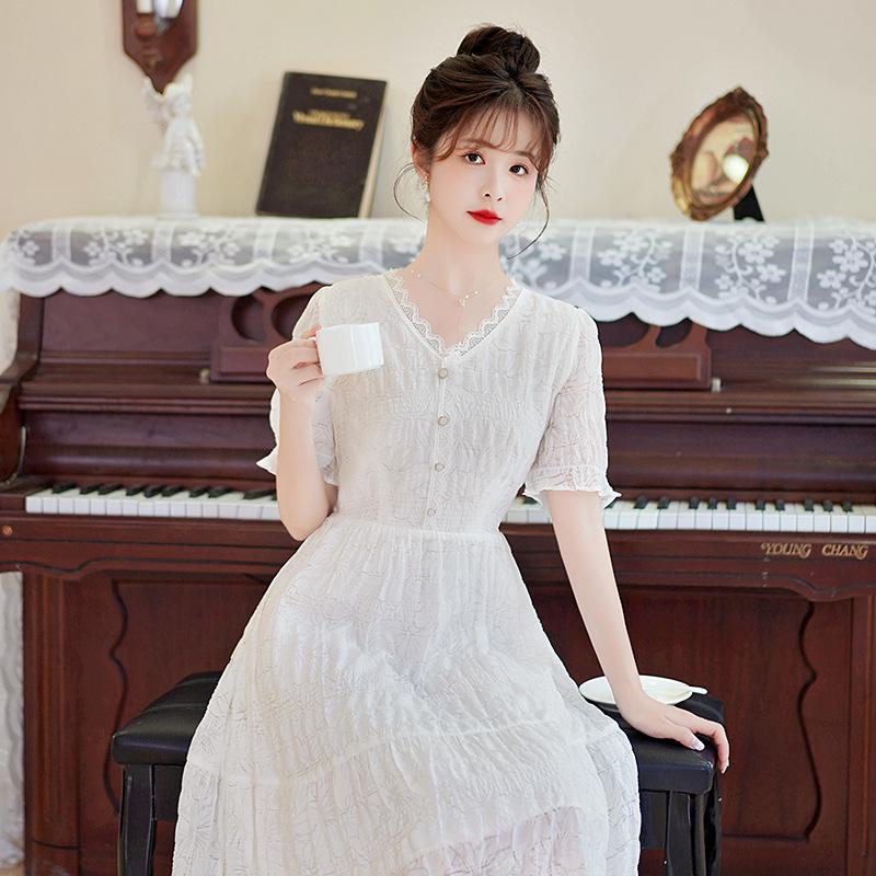 2024 Summer White Slim V-Neck Fairy Lace Dress – Mid-Length, Flattering Fit