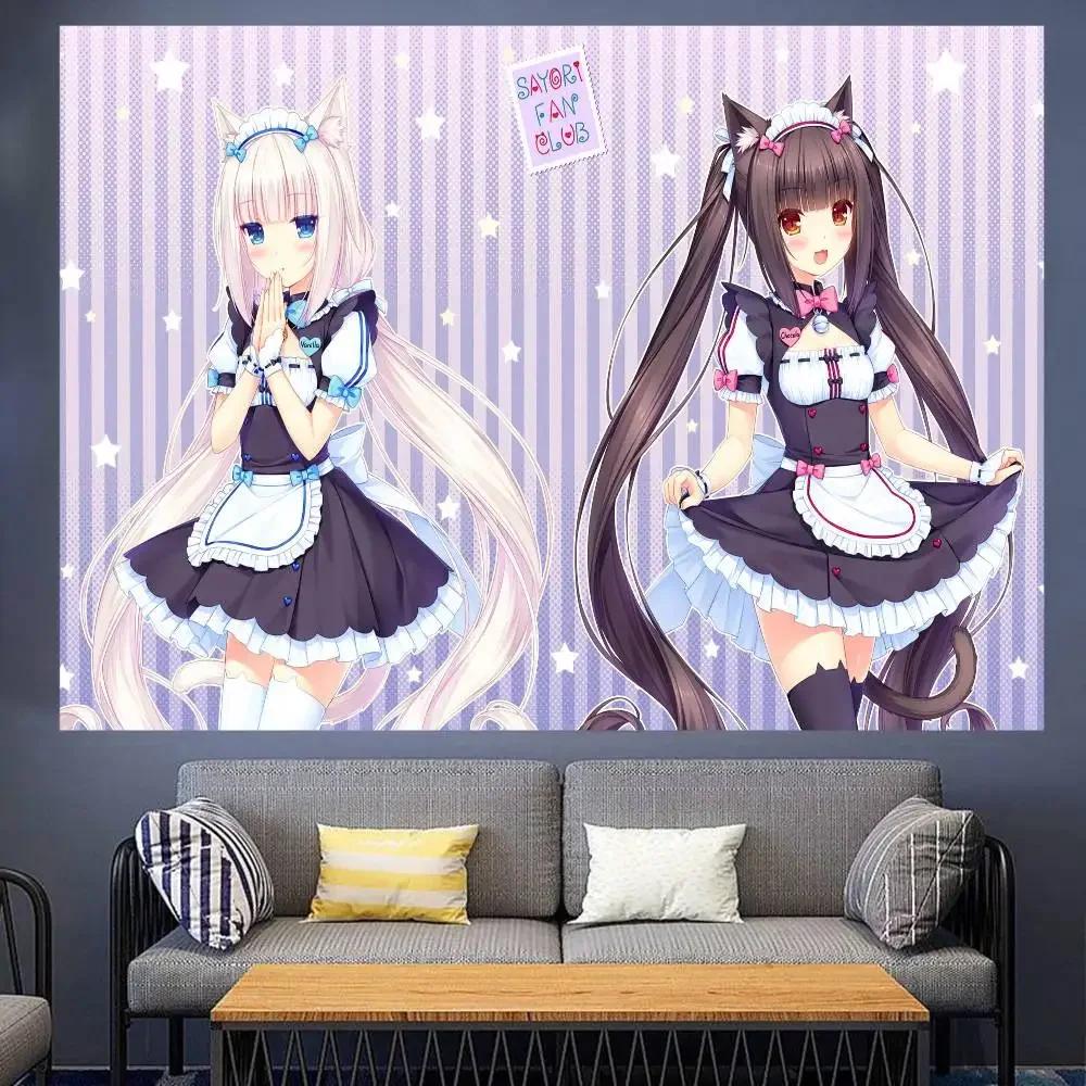 Anime Girl Cat Ear Maid Kawaii Banner Background Super Scene Decoration Banner Backdrop baby shower