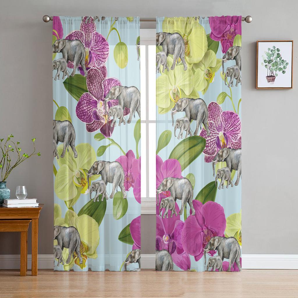 Elephant Art Indian Bobo Style Tulle Window Treatment Sheer Curtains for Kitchen Living Room the Bedroom Curtains Decoration