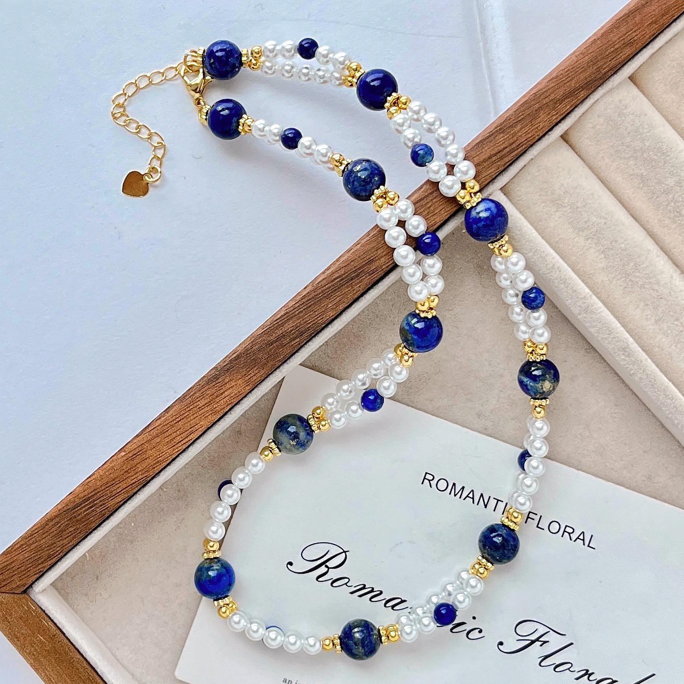 Design Sense Natural Lazuli Artificial Crystal Pearl Design Sense Multi-Layer Necklace Clavicle Chain