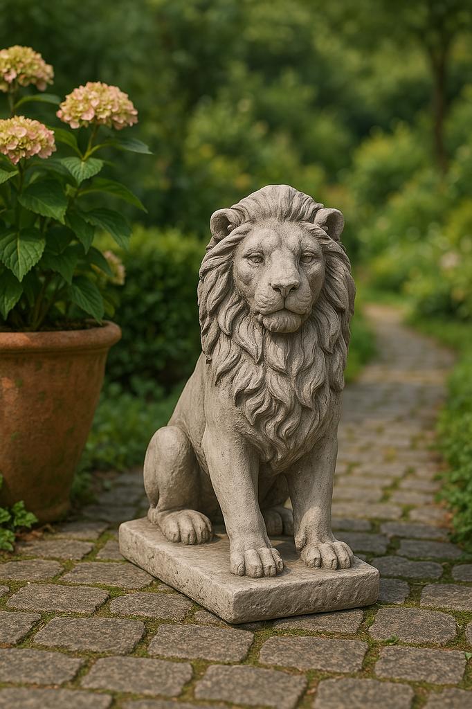 Escultura de león de hormigón gris figura de león de jardín estilo art déco
