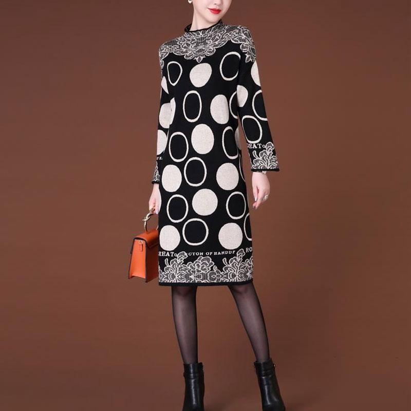 Fashion Vintage Printed Midi Dress Women's Long Sleeve Casual Polka Dot Autumn Winter Half High Collar Knitted