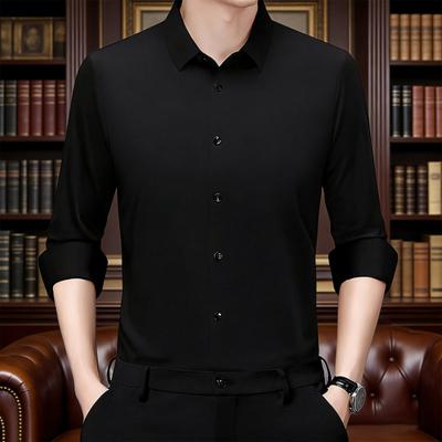 Men Shirt Lapel Long Sleeve Single Breasted Shirt Tops Pure Color Elastic Fabric Lightweight Breathable Shirt Daily Wear