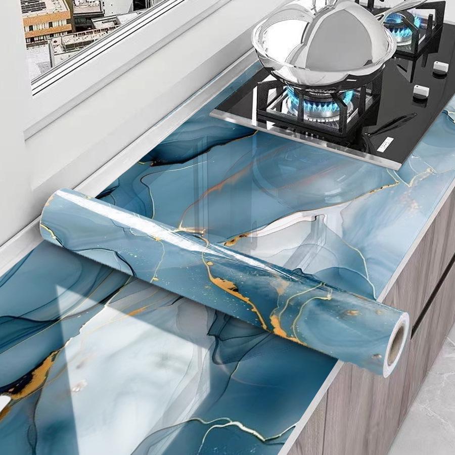 French Cloud Mist Blue Marble Oil-Proof Self-Adhesive Sticker for Kitchen Cabinets, Stove, and Sink