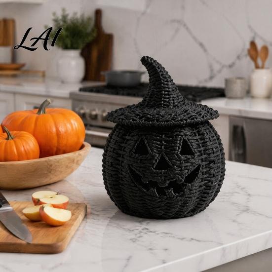 Dunkle Retro-Party-Ornamente Kunst rattan Kürbisfigur Halloween Schwarze Harzstatue mit Hexe Herbst-Feiertags-Fensterdekoration Hut Rustikaler Weidenkorb