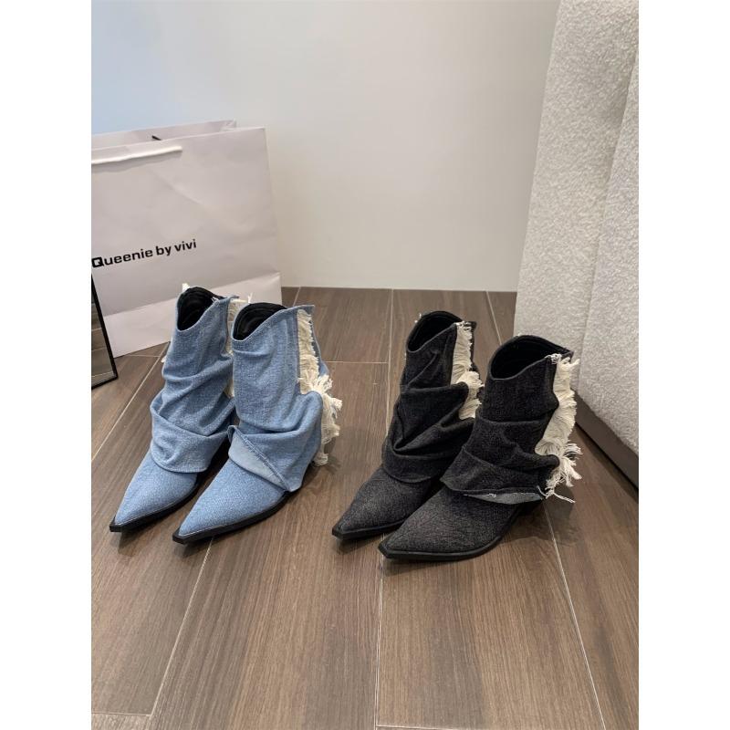 Fashion Cowboy Boot Western Baby Blue High-heeled Pointy Thick Heel Boots Sleeve Short Boots Women Spring and Autumn