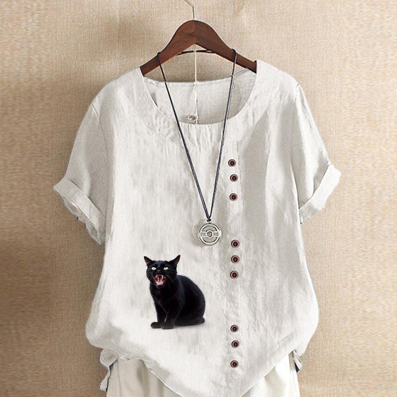 Damenmode, T-Shirt mit schwarzem Katzen-Print, kurzärmelig, lockeres Baumwollhemd, lässige Sommerbluse, Tops, Übergröße