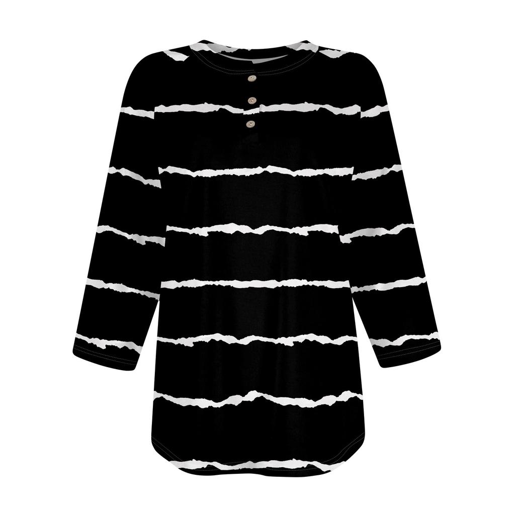 Dámské módní tričko s potiskem, výstřihem do V, zapínáním na knoflíky a rukávy na sedm čtvrtinových rukávech