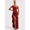 Women's One Shoulder Sleeveless High Waist Ruched Satin Bodycon Maxi Dress High Slit Irregular Evening Gown