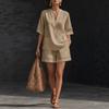 Women Solid V-Neck Top & Shorts Two Piece Matching Set, Casual Outfit for Spring Summer