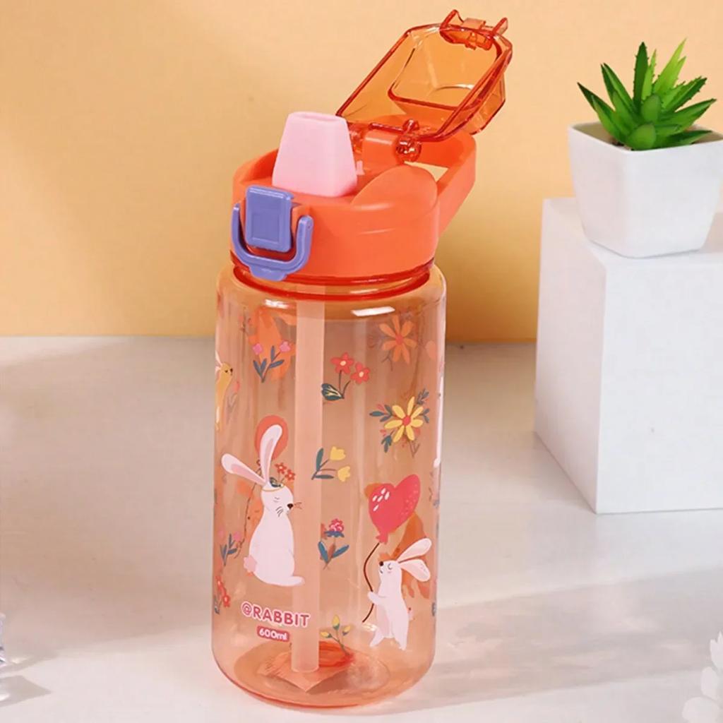600ML Kinder Cartoon Tier Wasserflasche Tasse mit Strohhalm Tragbare Studenten Anti-Fall Wasserflasche Kleinkinder Getränkekessel