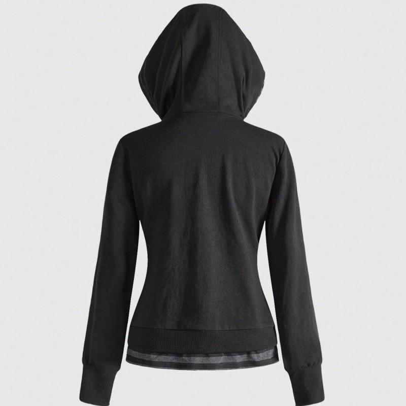 Unisex Gotisches Kreuz Strassstein Verzierter Kapuzen Reißverschluss Übergroßer Streetwear Pullover Schwarz