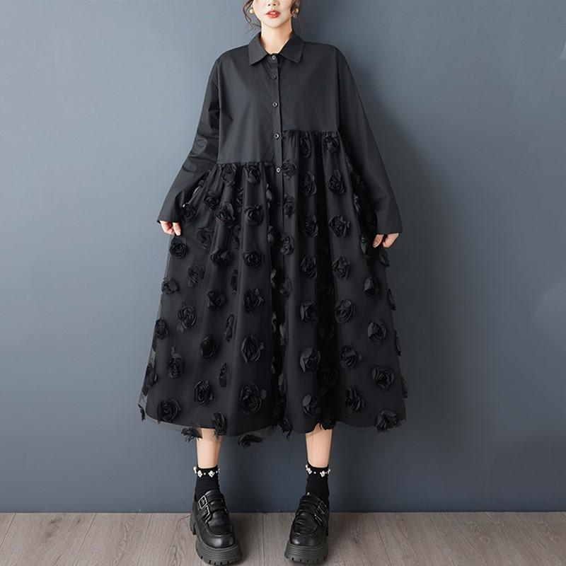 

Хлопковое винтажное цветочное платье большого размера с длинным рукавом, новинка, повседневное свободное, весенне-осеннее, платье-рубашка для женщин чёрный