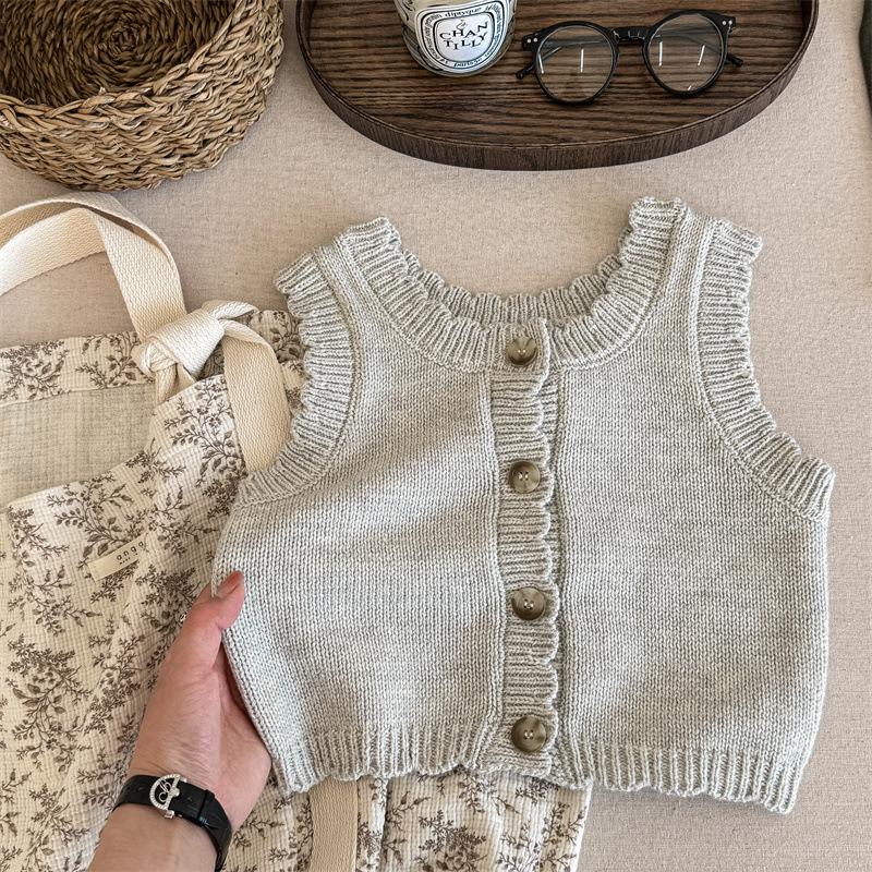 

Детский вязаный жилет, осенний новый корейский свитер для девочек, однотонный повседневный детский трикотаж, кардиган без рукавов 80 светло-серый