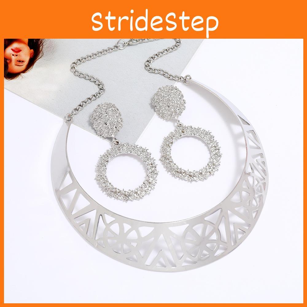 Solid Color Fashion Hollow Design Women Metal Necklace Collar Round Set Earring