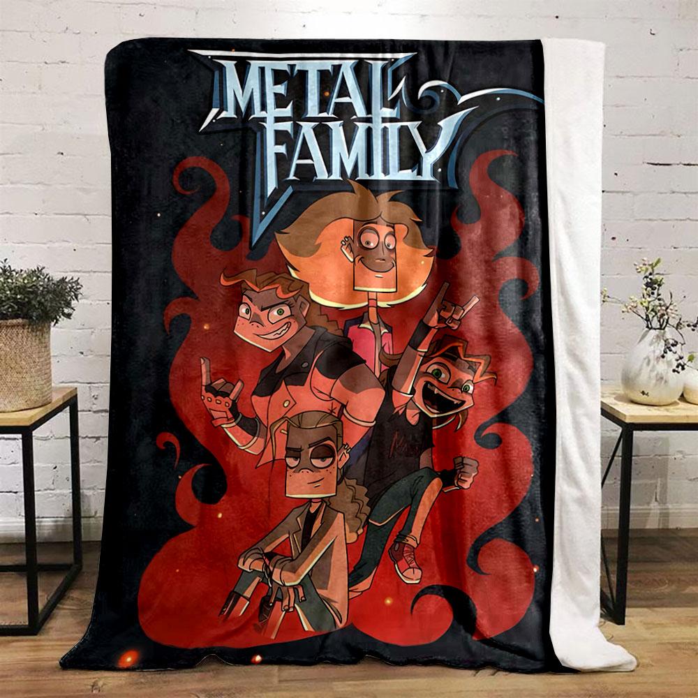 A Cartoon Family Poses with Rock Hand Gestures, Surrounded by Red Flames. for All Seasons Blanket Lunch Break Throw Gift