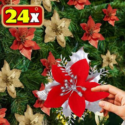 12/24PCS Gold Powder Christmas Flowers DIY Xmas Tree Artificial Hanging Pendant New Year Christmas Party Home Decoration Props