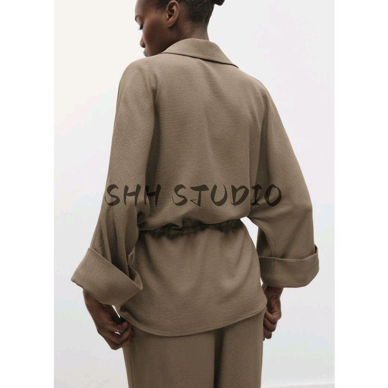 Lapel Long Wide Sleeve Swim Hunting Jacket Drape Shirt 2728568 Casual High Waist Wide Leg Pants 2116568