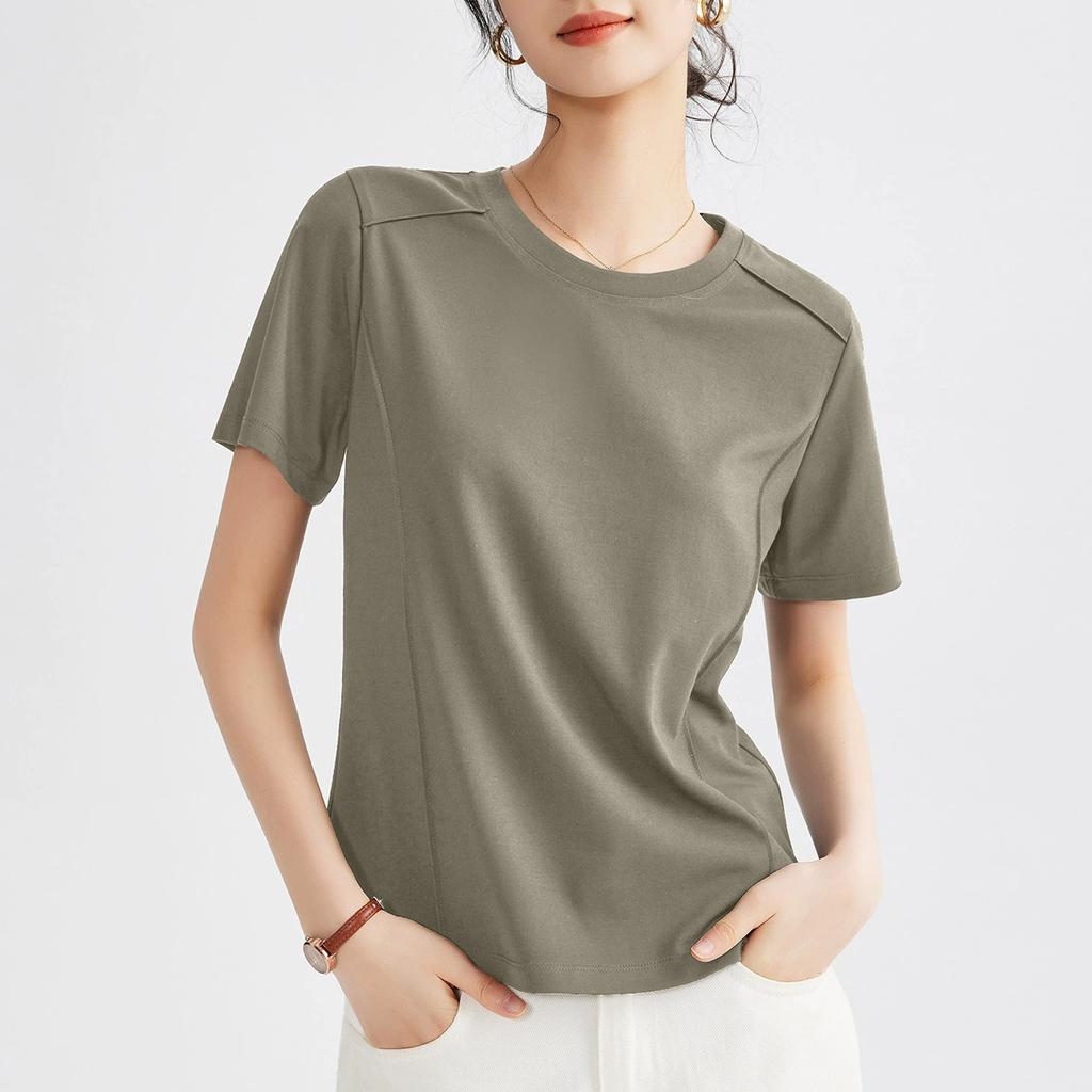 Summer Women's White Mercerized Cotton T-Shirt Stitching Round Neck Basic Top Plus Size Slim Fit Layered Casual Blouse