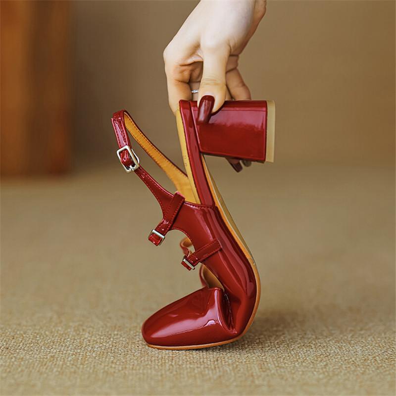Fashion Summer Sandals Mary Jane Shoes Square Toe High Heels Cover Toe Back Strap Roman Sandals for Women Split Leather Women Sandals