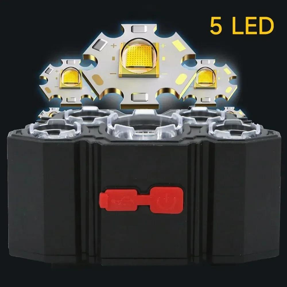 5LED Strong Light Headlamp USB Rechargeable Fishing Head Flashlight Camping Cycling Head Mounted Mine Lamp Flashlight Headlight