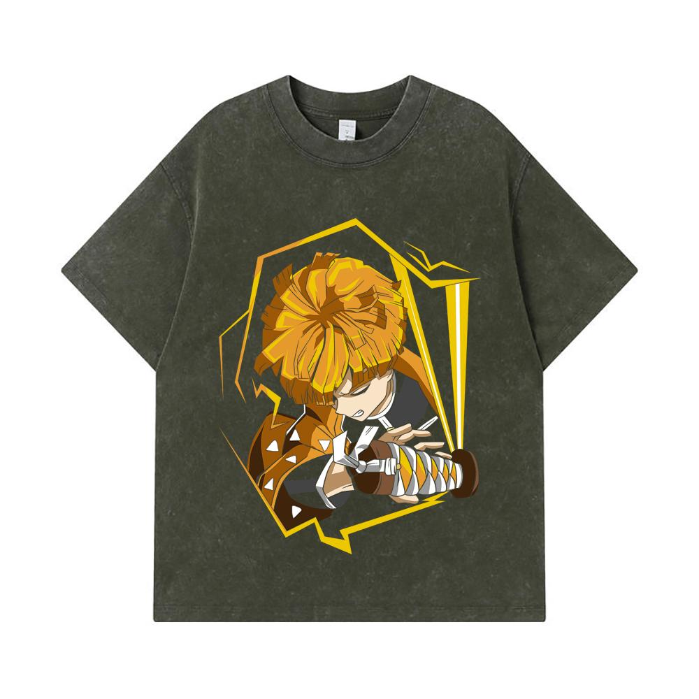

275 GSM Washed T-shirts 100% Cotton Demon Slayer V109 Zenitsu Print Unisex Heavy Cotton T Shirt S армия зеленый