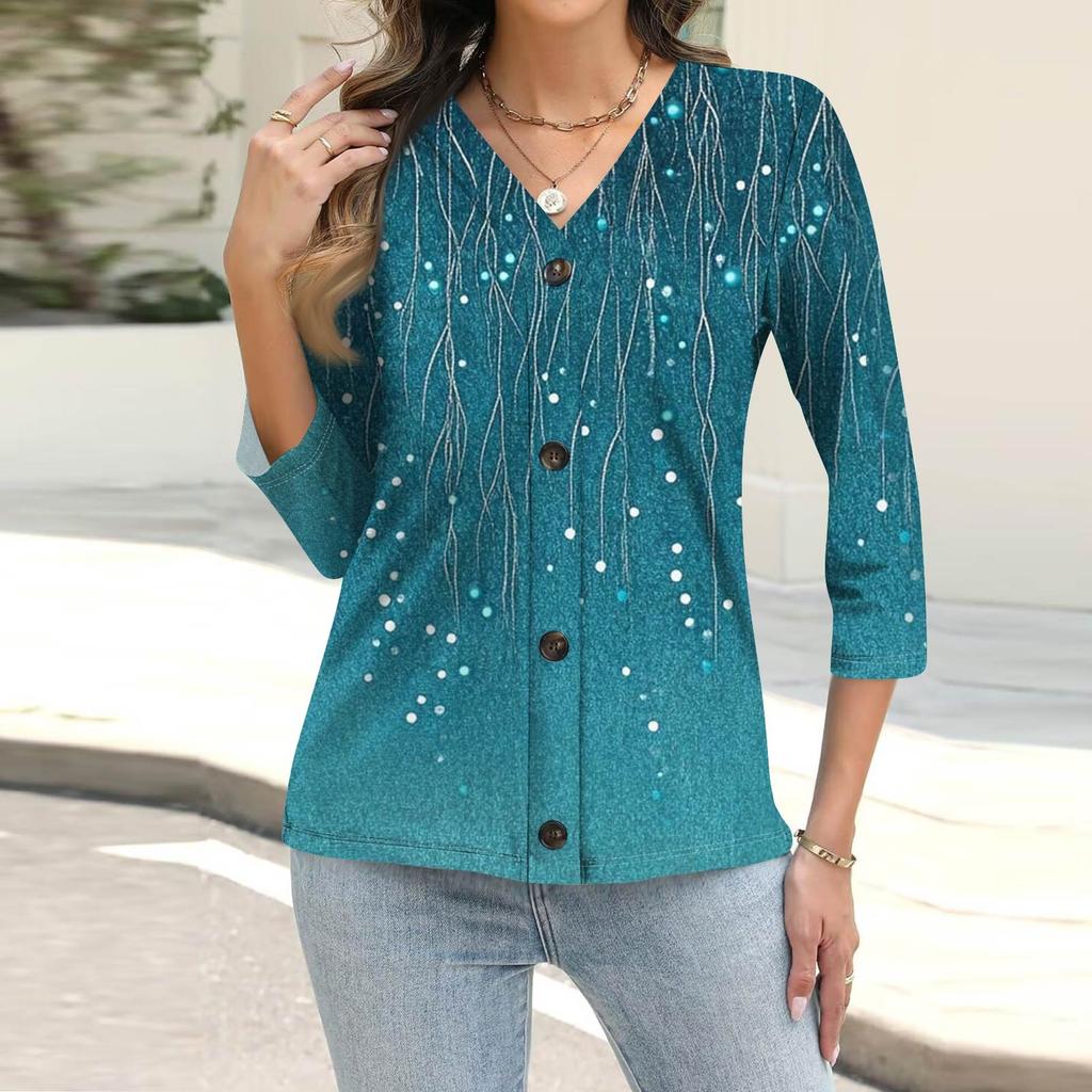 Women's Fashion Casual  Print Button-Down Shirt Three-quarter Sleeve Cardigan Top