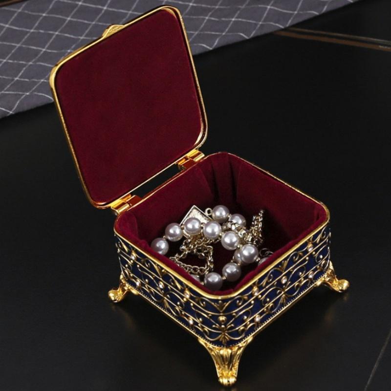 Mini Square Shape Jewelry Storage Box Necklace Organizer,Large Size Inlaid Gem Alloy Ring Storage Jar Unique Gift for Family