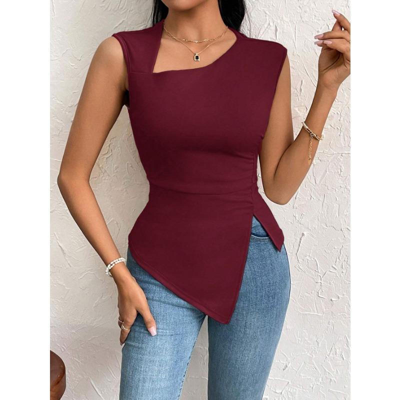 DAFIFY Women's Fashion Casual Summer Spring Solid Color Print Sleeveless Oblique Collark Blouses & Shirts