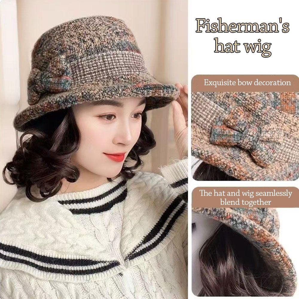 Autumn Winter With Curly Hair Fisherman Hat With Wig Attached Wig Bowknot Wig Bucket Hat Casual Warm Fisherman Cap Women