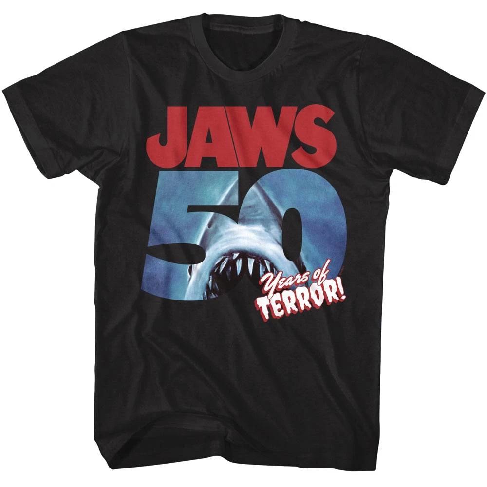 Jaws 50 Years of Terror Black Mens T Shirt Fashion Trend Y2K Men Clothing T Shirts
