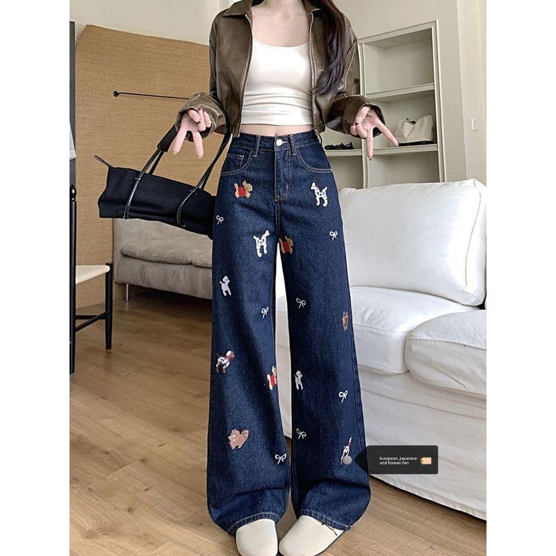 

Plus size Retro Bow Puppy Embroidered Wide Leg Jeans Women Autumn and Winter High Waist Design Sense Dark Blue Straight Pants Dark blue Quality Edition] L