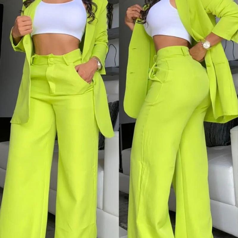 Women's Two Piece Blazer Set Lapel Jacket Wide Leg Pants Elegant Office Suit Outfit