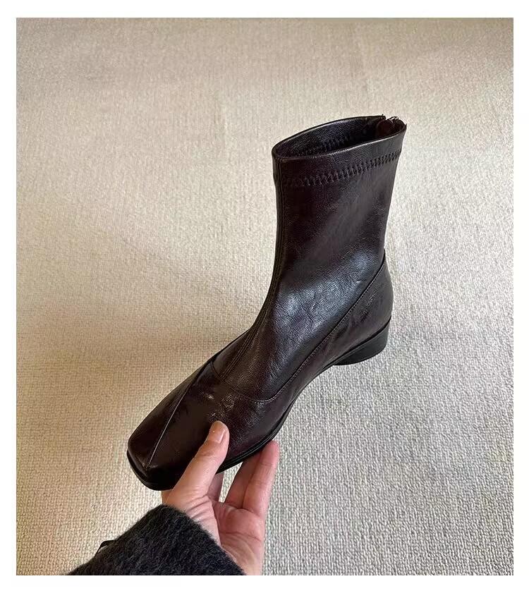 Retro low-heeled thin boots, rear zipper square head thin elastic boots, women's new versatile commuter temperament short boots