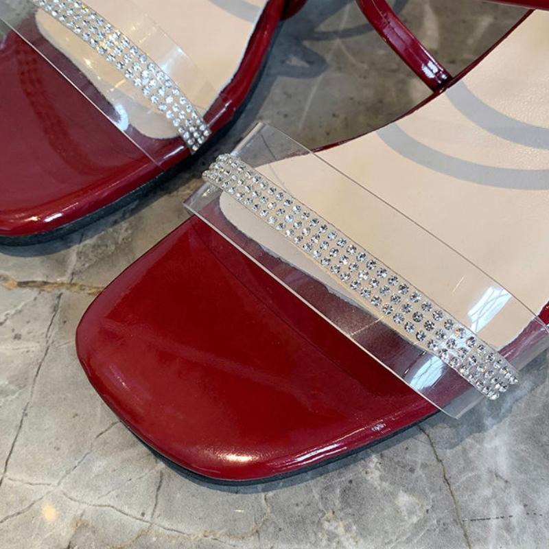 WTEMPO Women's Summer Sandals Square Toe Middle Heel Solid Color Transparent Crystal Buckle Thick Heel Dual-purpose Slippers Comfortable Breathable