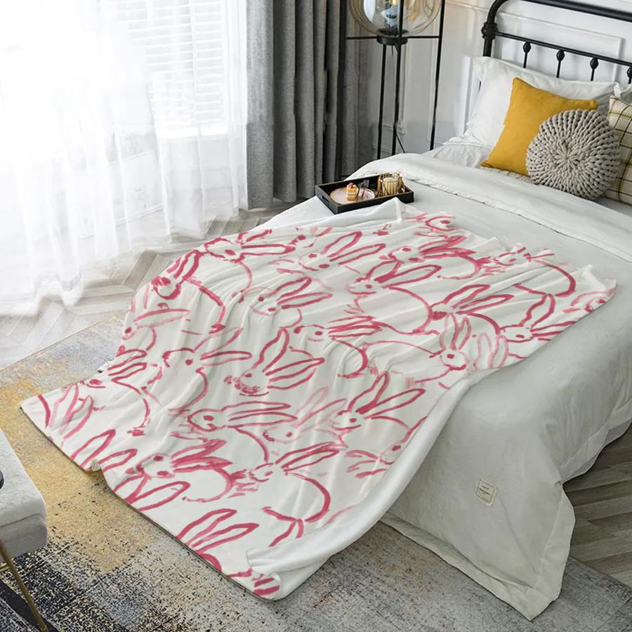 Pink Bunny Pattern Microfiber Flannel Cover Blanket Bedroom Living Room Sofa Soft And Comfortable Home Decoration